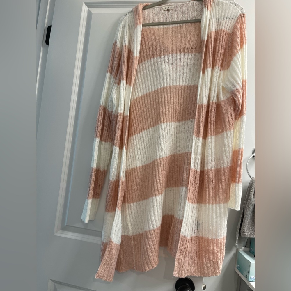 POL Pink and White Long Lightweight Oversized Cardigan NWOT